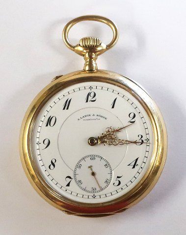 A. Lange & Söhne Glashütte 1/sa. Herrentaschenuhr 18K (750). Durchmesser 50 mm. 
Werknummer 81667. Werk funktioniert.