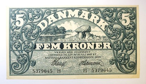 Denmark. Banknote DKK 5 1929 H. Nice well-preserved banknote.