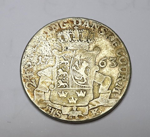Denmark. Frederik V. Silver 24 skilling from 1763.